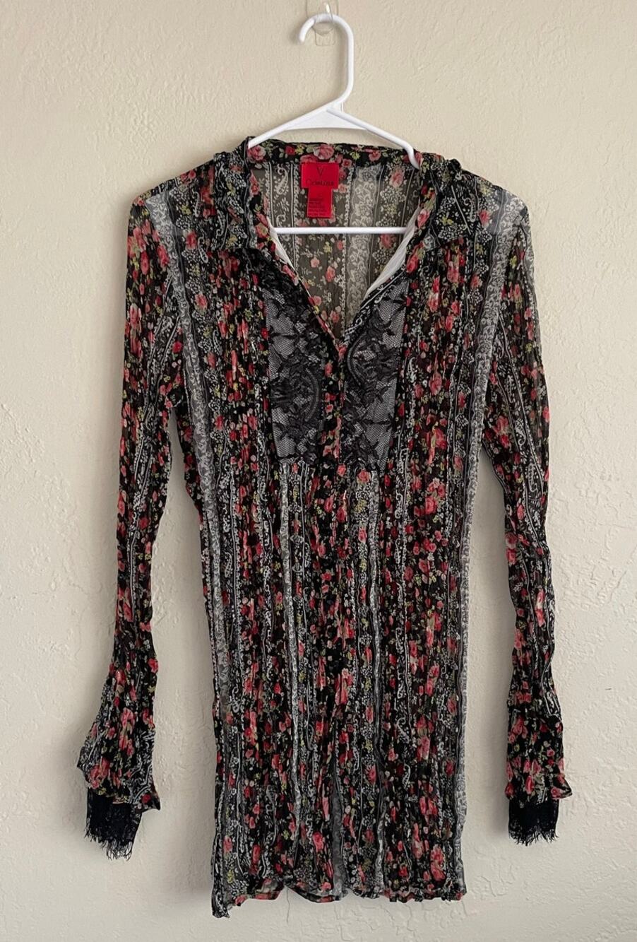 Vintage Sheer Black Lace Floral Pleated Shirt Large Fairygoth Dark Feminine Goth